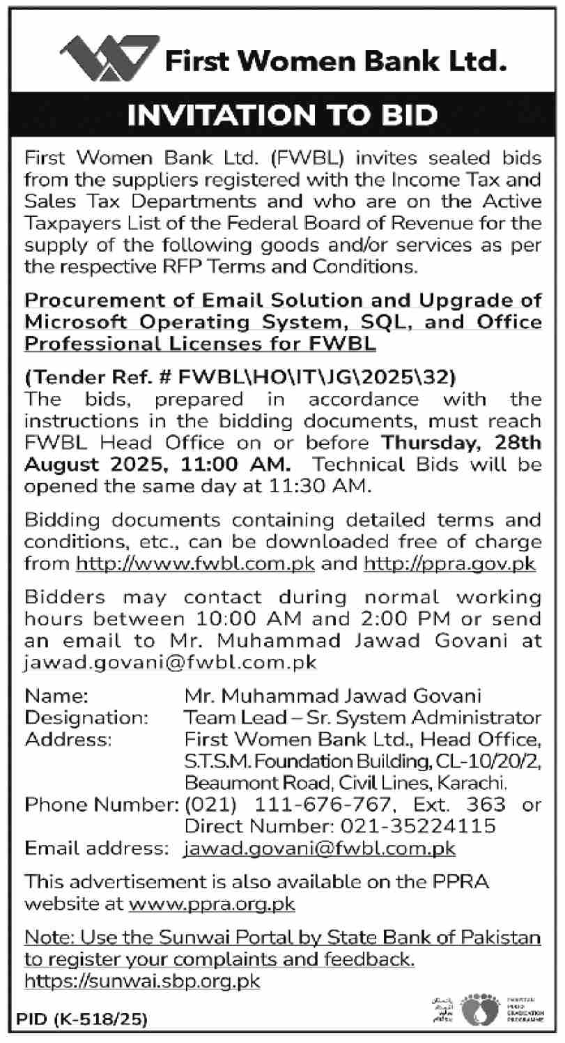 First Women Bank Limited Karachi Tender Notice